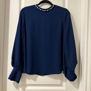 Worthington Navy Blue Blouse with Embellished Neckline